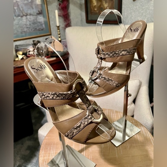 SOFFT Women's 8W Taupe Beige‎ Leather Snakeskin Pump Spool Heel Slip-On Sandals - Picture 1 of 14